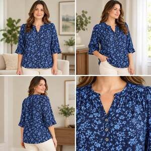 Croft & Barrow Floral Henley Top Women’s Medium Navy Blue Button Neck NWT